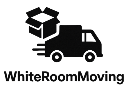 Logo with a black moving van, an open cardboard box, and the text "WhiteRoomMoving" below the graphic.