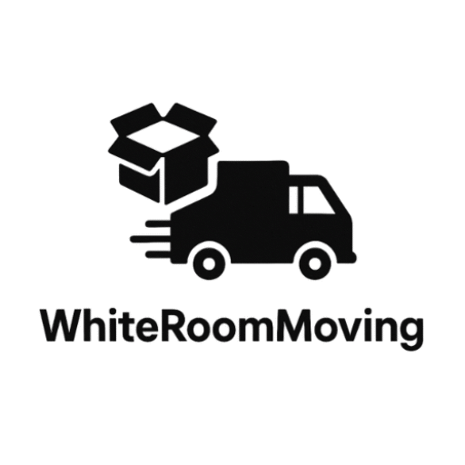 Black silhouette of a moving truck and an open box above the text “WhiteRoomMoving” on a plain light background—a sleek design suited for a modern 2025 brand identity.