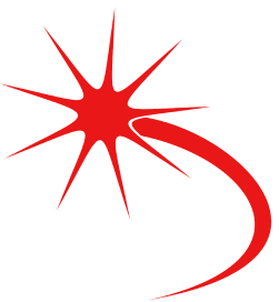 A red eight-pointed starburst with a curved tail on a black background.