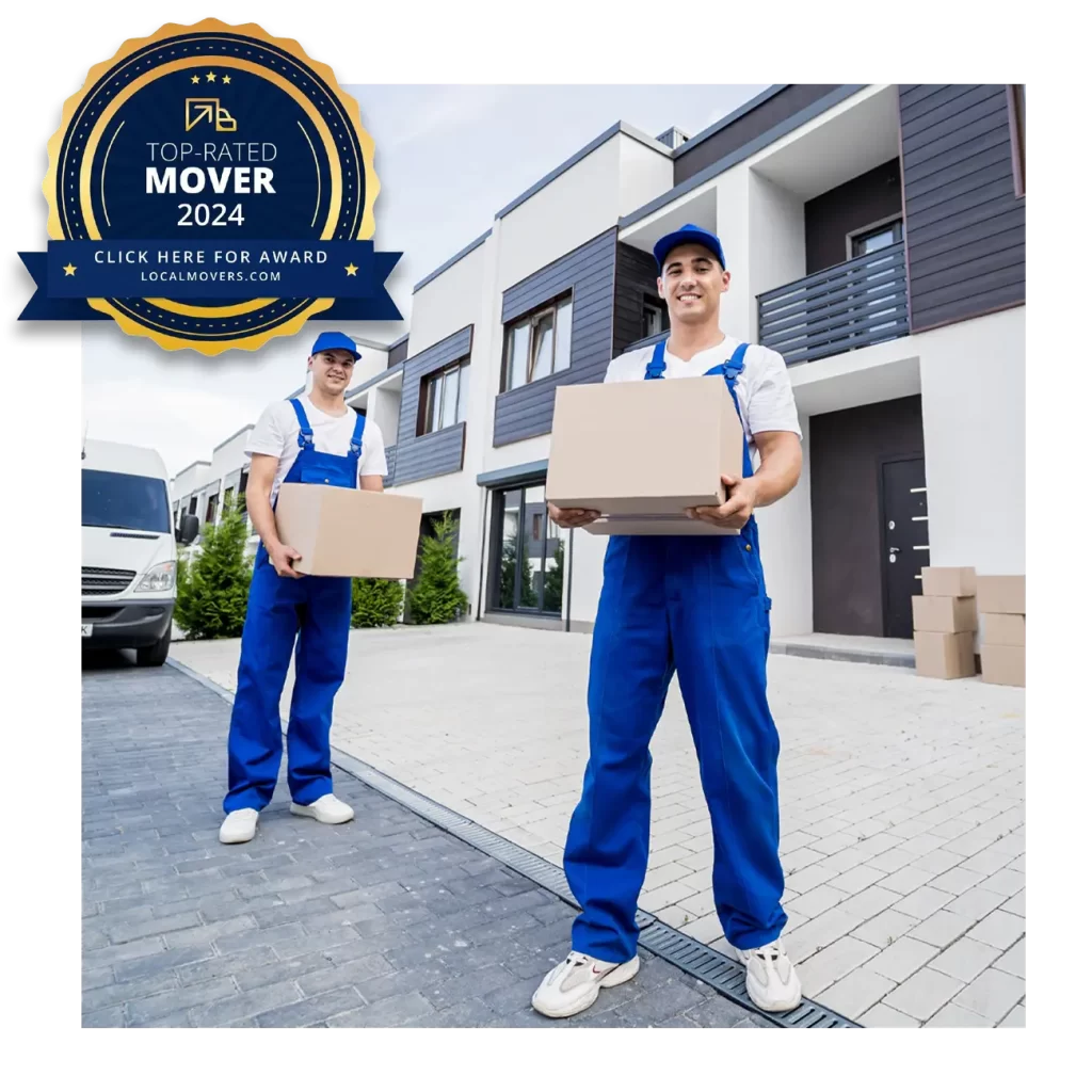 Two movers in blue uniforms carry cardboard boxes outside a modern building. A badge in the corner reads "Top-Rated Mover 2024 by Brightside LP.