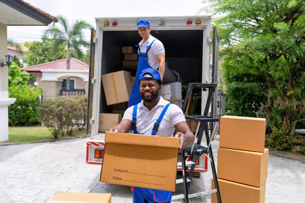 Two movers in blue uniforms unload cardboard boxes from a truck in a residential driveway, with one man carrying a box and the other standing on the truck.